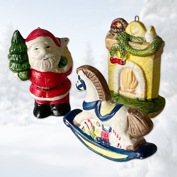 EUC 3 Christmas/Holiday Hanging Ornaments - Santa, Toy Horse & Fireplace Figures - Picture 1 of 3